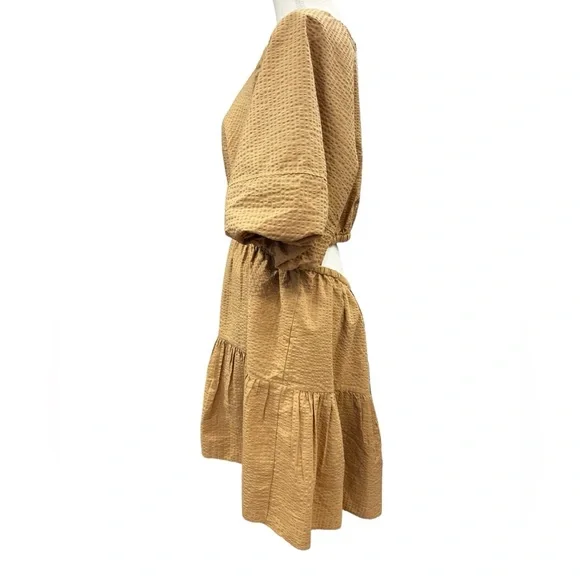 Madewell Seersucker Puff Sleeve Cutout Tiered Mini Dress XL Camel Tan NWT - Picture 3 of 10